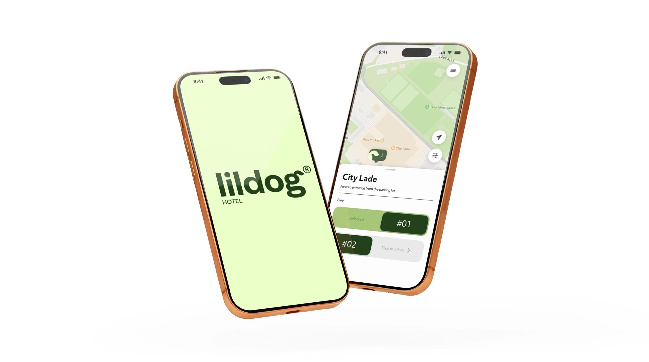 To mobiltelefoner viser lildog Hotel-appen med logo og kart over hundeparkering ved City Lade — av Nonspace