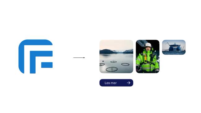 Frøy-logoen med bilder av oppdrettsanlegg i fjord, arbeider i verneutstyr og servicefartøy — av Nonspace