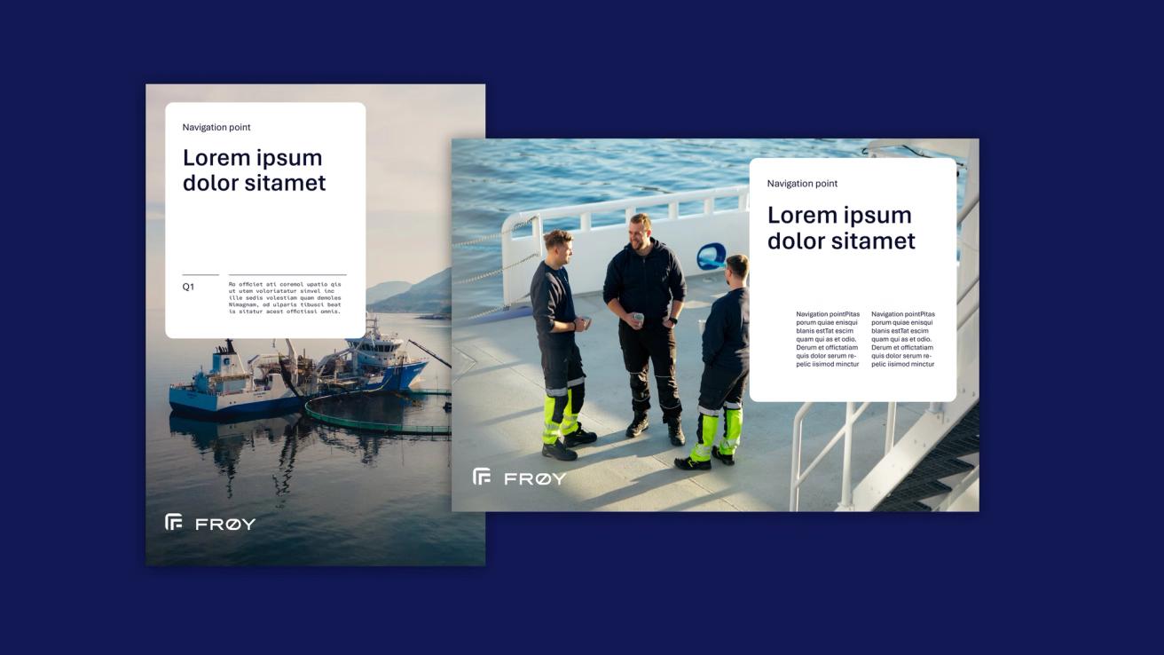 Two presentation slides for Frøy featuring maritime workers on a ship deck and a fishing vessel at sea — by Nonspace