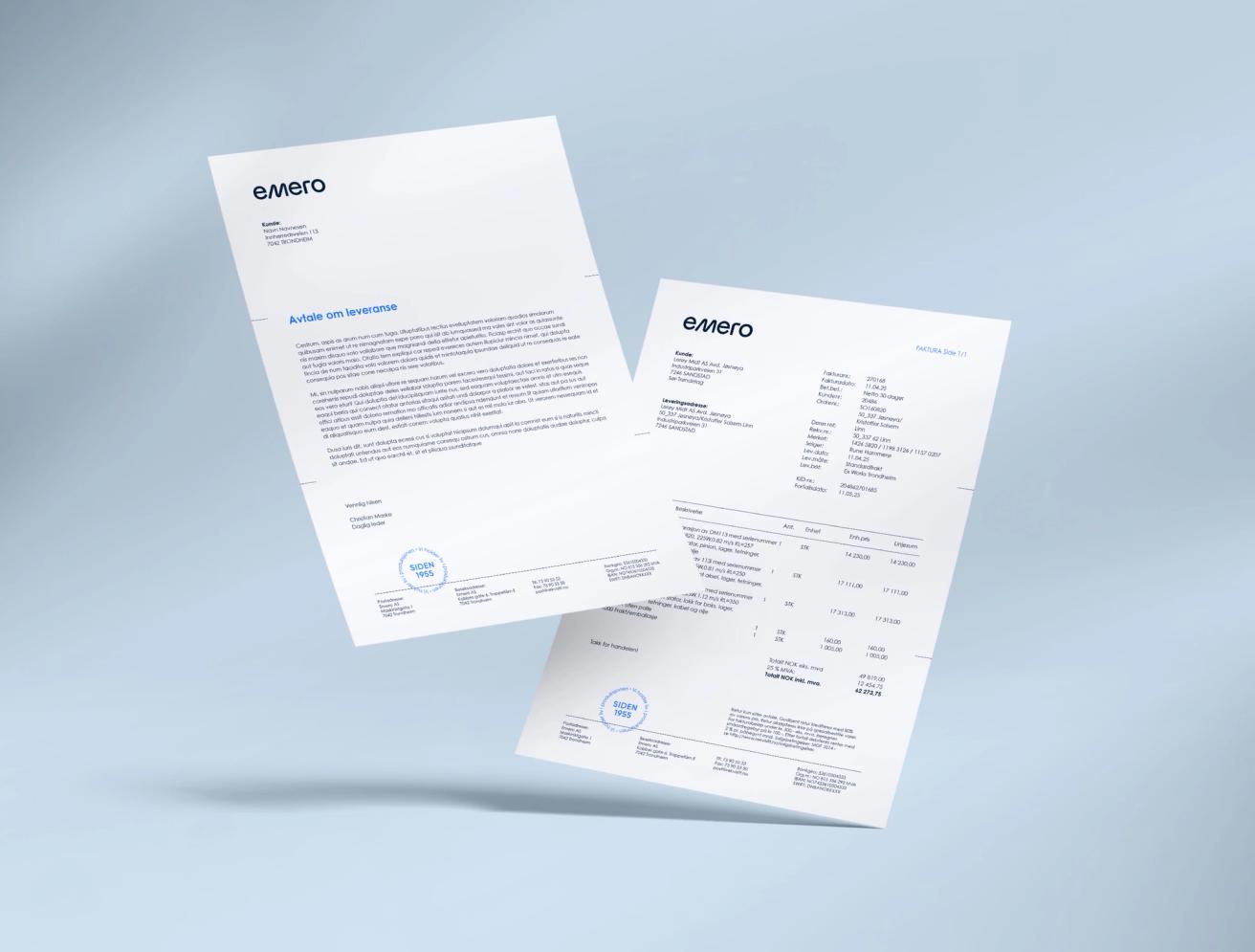 Two branded Emero business documents showing a letterhead and invoice floating on a light blue background — by Nonspace
