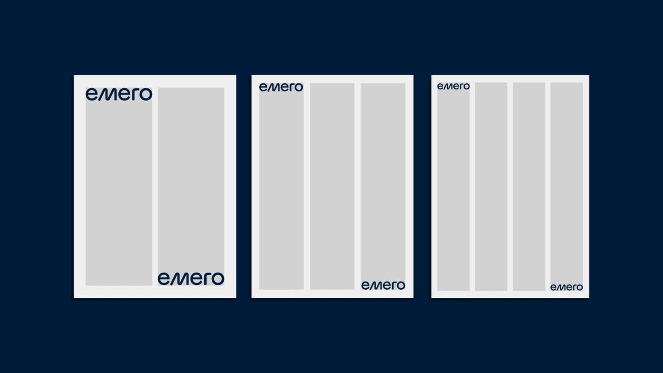 Three white document layouts showing Emero brand identity with gray placeholder columns and logo placement — by Nonspace