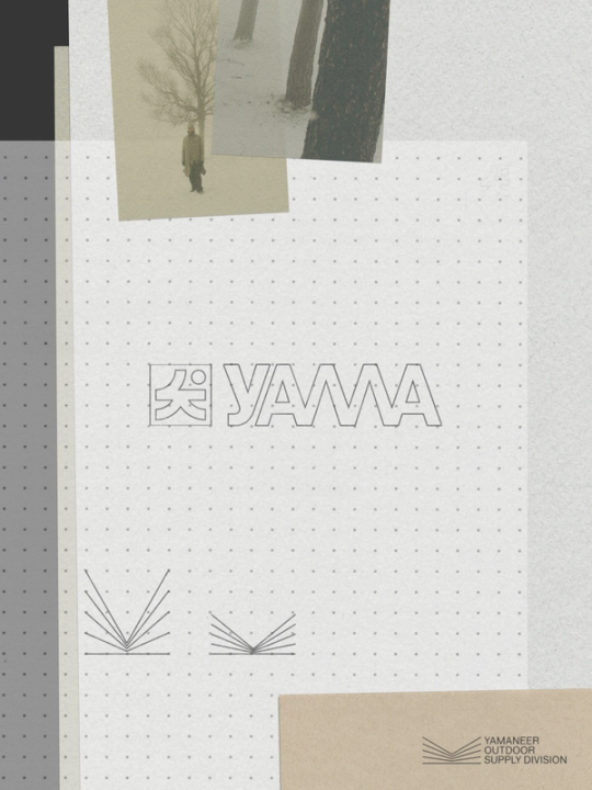 Merkevareidentitet for Yama med logo, ikon-skisser og vinterfotografier av person i snølandskap — av Nonspace