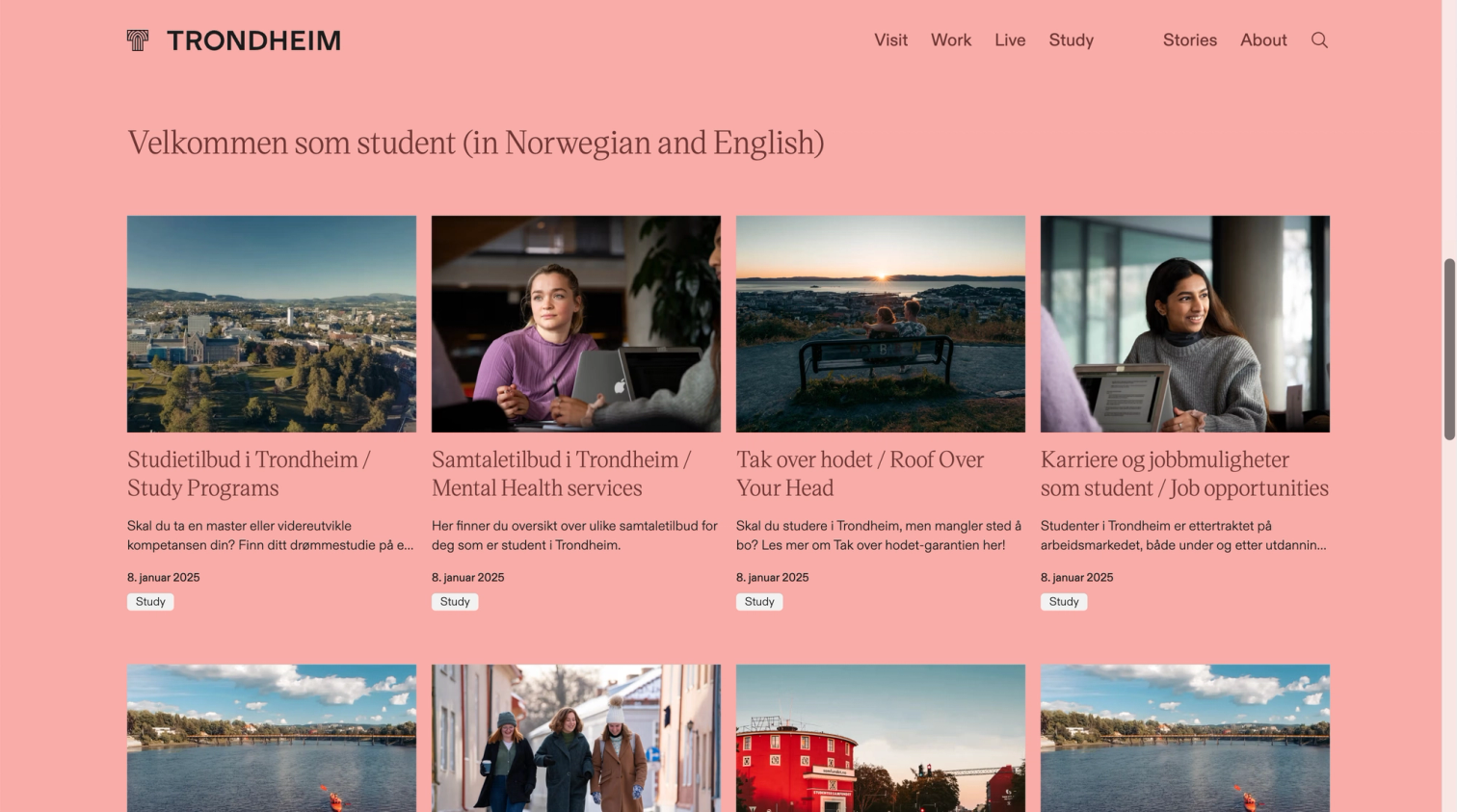 Nettside for Trondheim kommune som viser studentinformasjon med fire artikkelkort om studietilbud og bolig — av Nonspace.