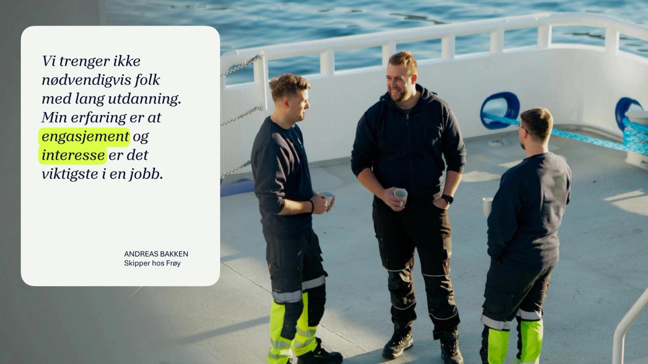 Three workers in high-visibility workwear having a casual conversation on a boat deck with a Norwegian quote overlay — by Nonspace