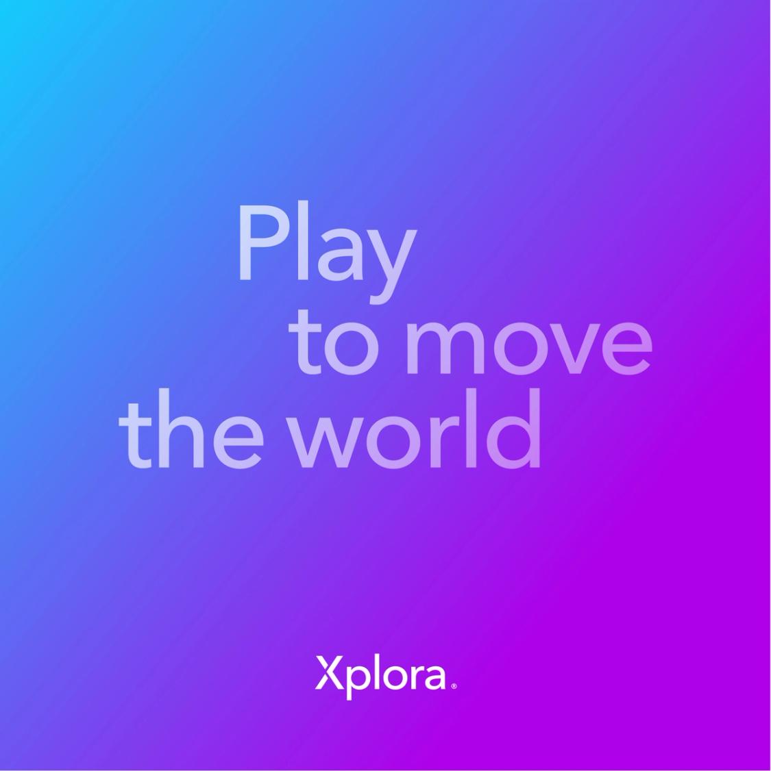 Reklamebilde med slagordet "Play to move the world" og Xplora-logoen på en blå-lilla gradient — av Nonspace