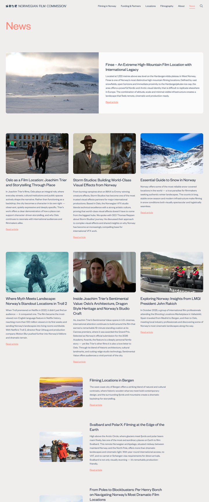 Nyhetsoversikt fra Norwegian Film Commission med artikler om filmlokasjoner i Norge som Finse, Oslo og Svalbard — av Nonspace.