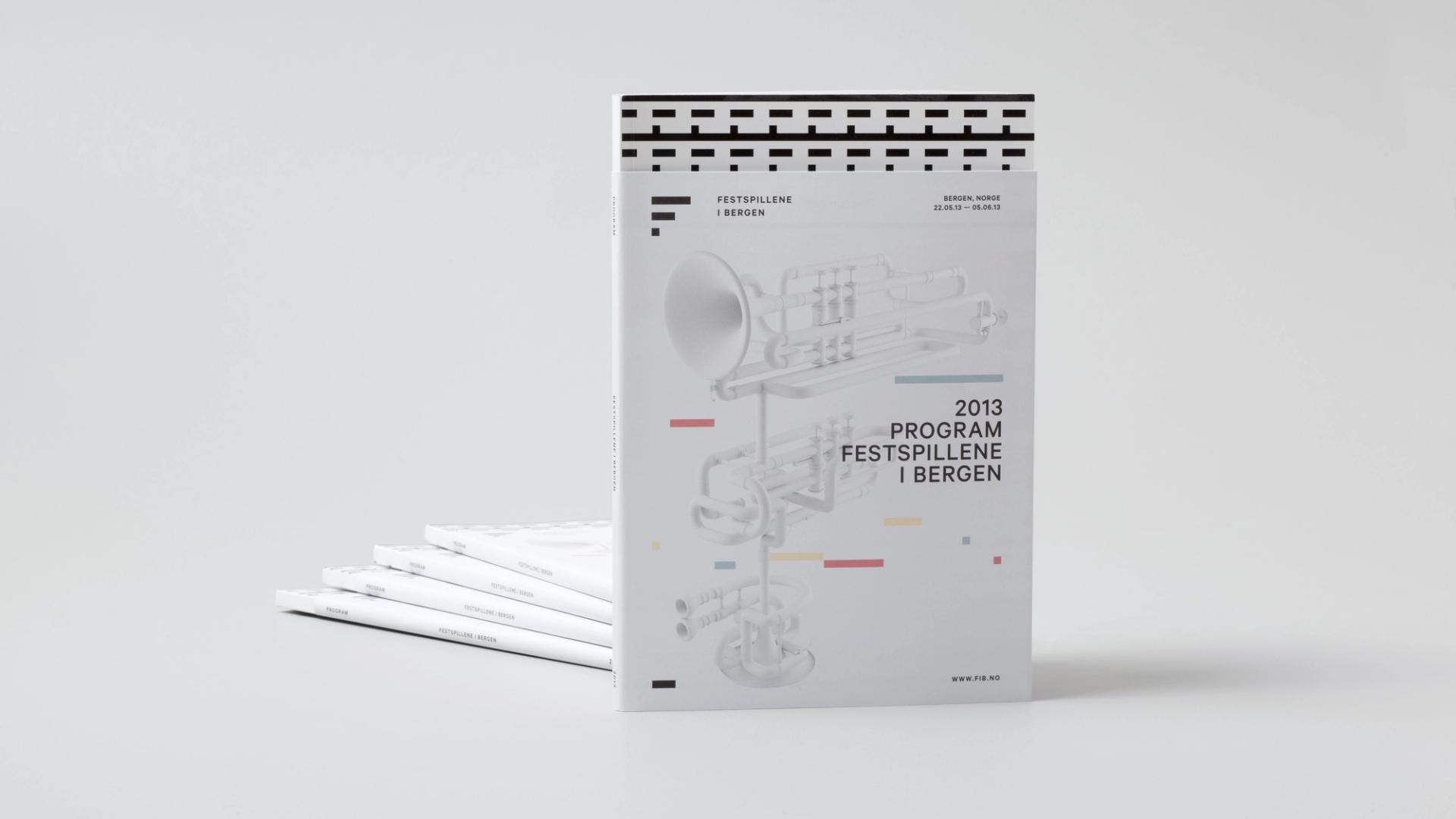 A program booklet for the 2013 Bergen International Festival featuring a white trumpet illustration and colorful geometric accents — by Nonspace
