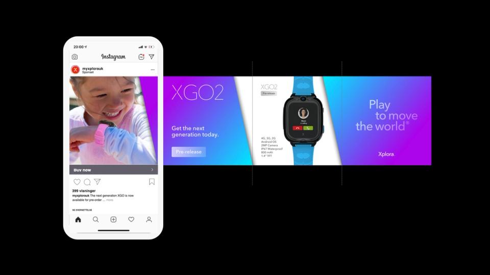 Markedsføring for Xplora XGO2 smartklokke for barn med Instagram-annonse og produktbilder — av Nonspace