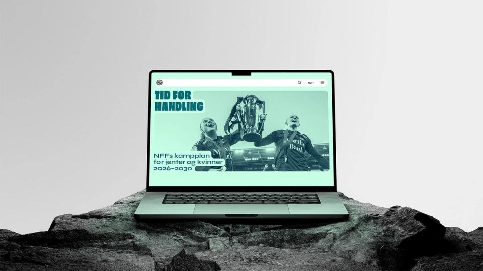 Laptop displaying the campaign website with a trophy celebration and the title Time for action, NFF's match plan for girls and women 2026-2030.