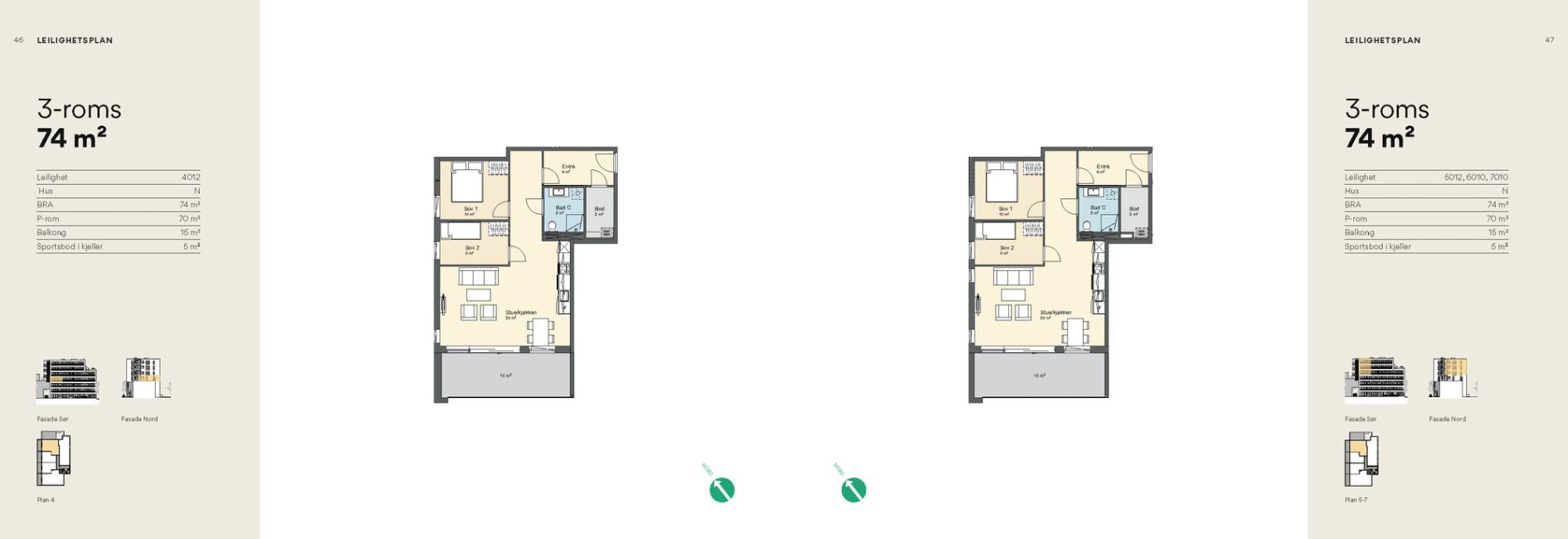 Plantegninger for 3-roms leiligheter på 74 kvadratmeter med oversikt over romfordeling og balkong — av Nonspace