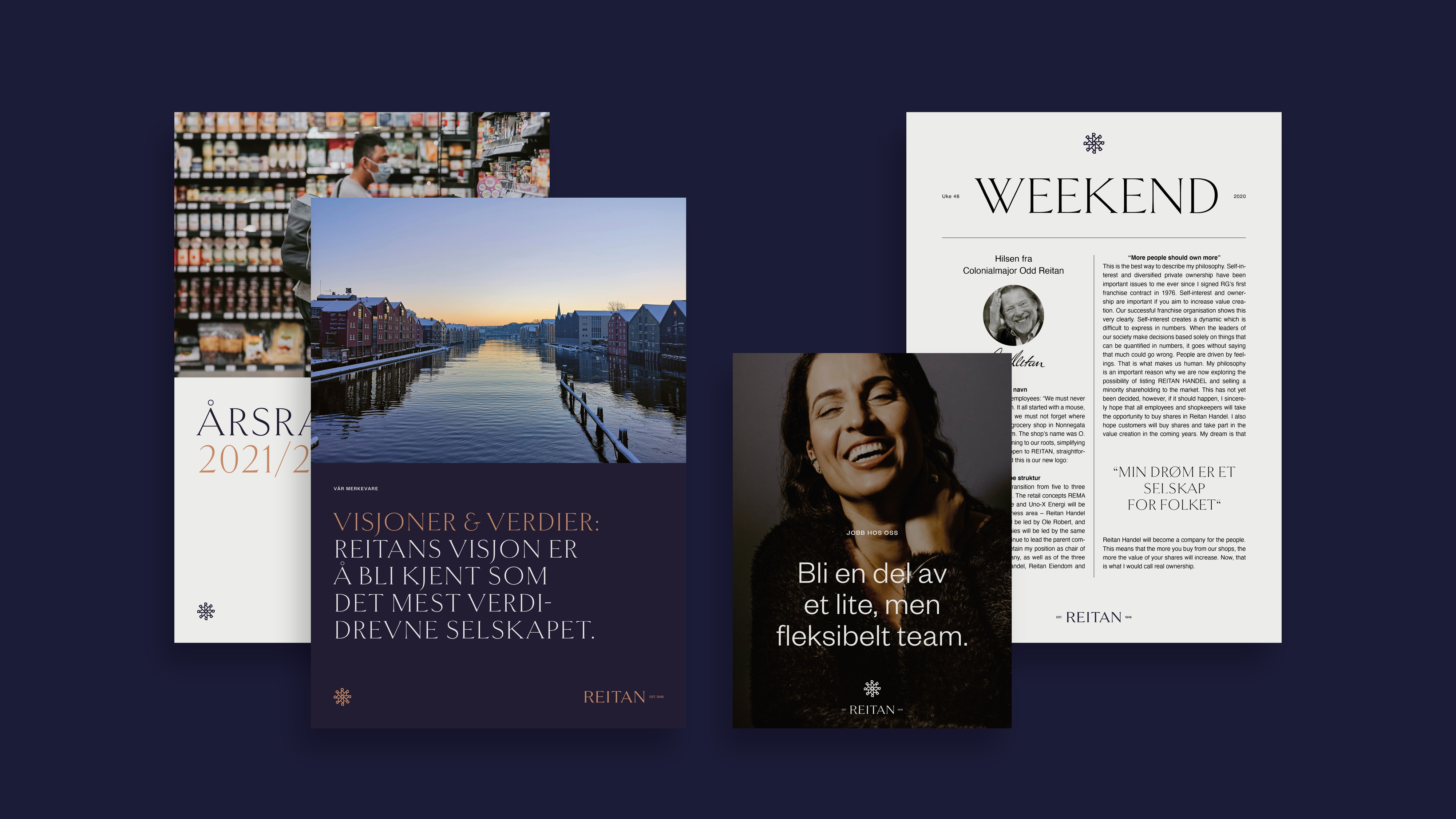Årsrapport og Weekend-magasin for Reitan med bybilde fra Trondheim og portrettfoto — av Nonspace