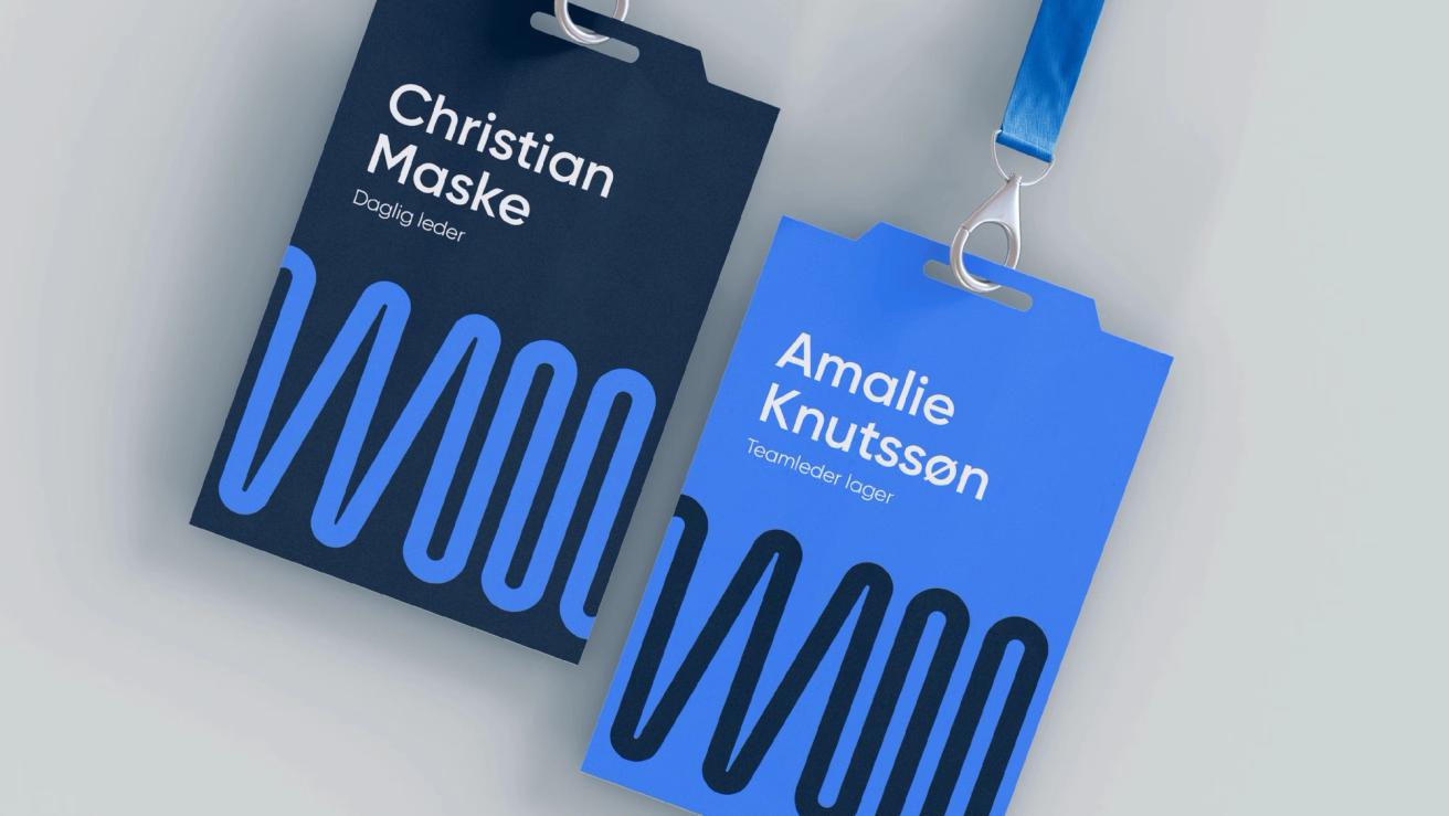 Two employee ID badges for Christian Maske and Amalie Knutssøn with blue wave pattern designs — by Nonspace