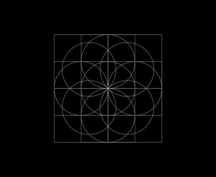 Et geometrisk mønster med overlappende sirkler som danner en blomstformasjon innenfor et rutenett — av Nonspace