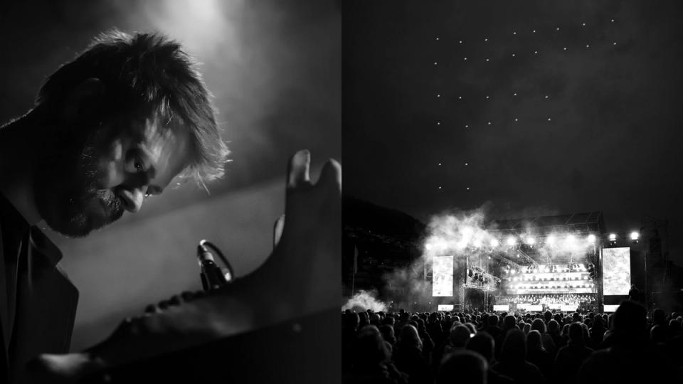 A guitarist performing on stage and an outdoor festival crowd watching a lit stage at night — by Nonspace