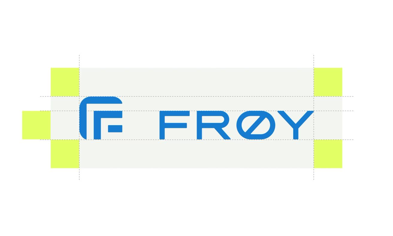 Logo design showing the Frøy brand mark and wordtype with clear space guidelines indicated by yellow squares — by Nonspace