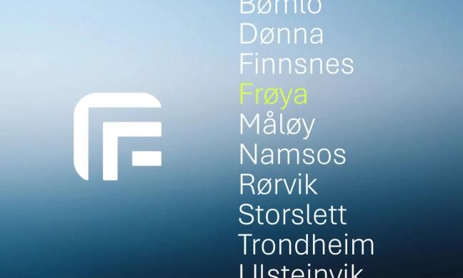 A list of Norwegian coastal towns with Frøya highlighted in green alongside a stylized F logo — by Nonspace
