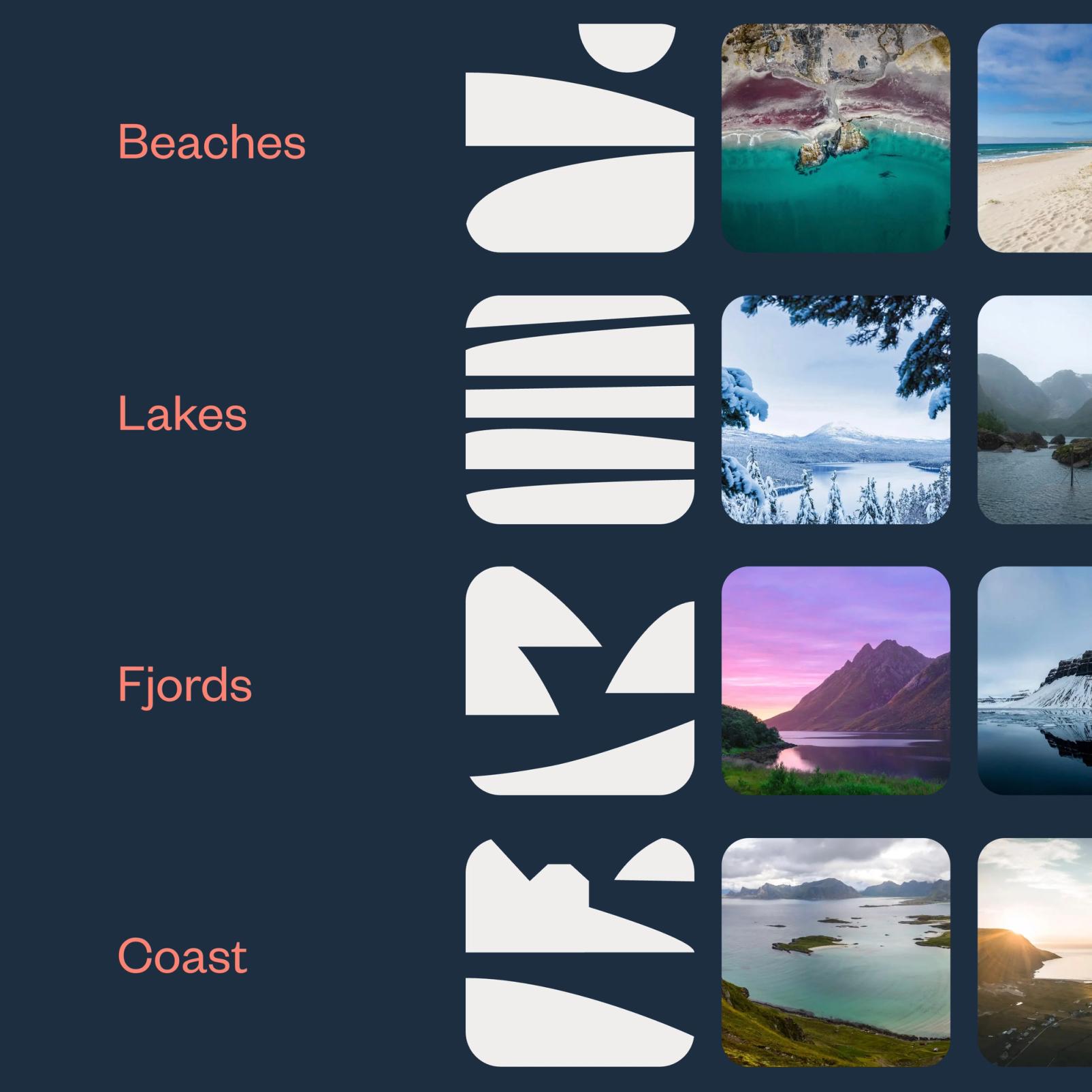 Navigasjonsmeny med kategoriene Beaches, Lakes, Fjords og Coast med tilhørende naturbilder og abstrakte former — av Nonspace
