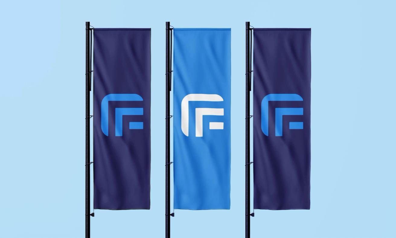 Three vertical banners displaying a geometric F logo in blue and white color variations — by Nonspace