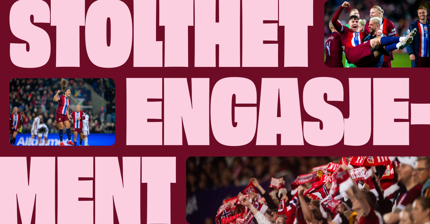 Collage med norske fotballspillere som feirer, jublende fans med flagg og teksten "Stolthet Engasjement" — av Nonspace