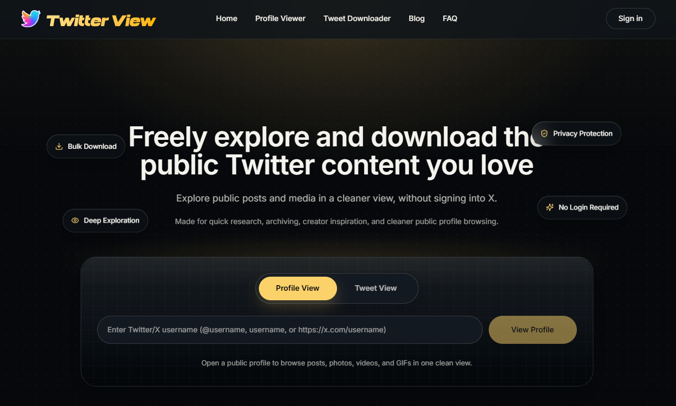Twitter viewer homepage for parsing public Twitter profiles and tweets