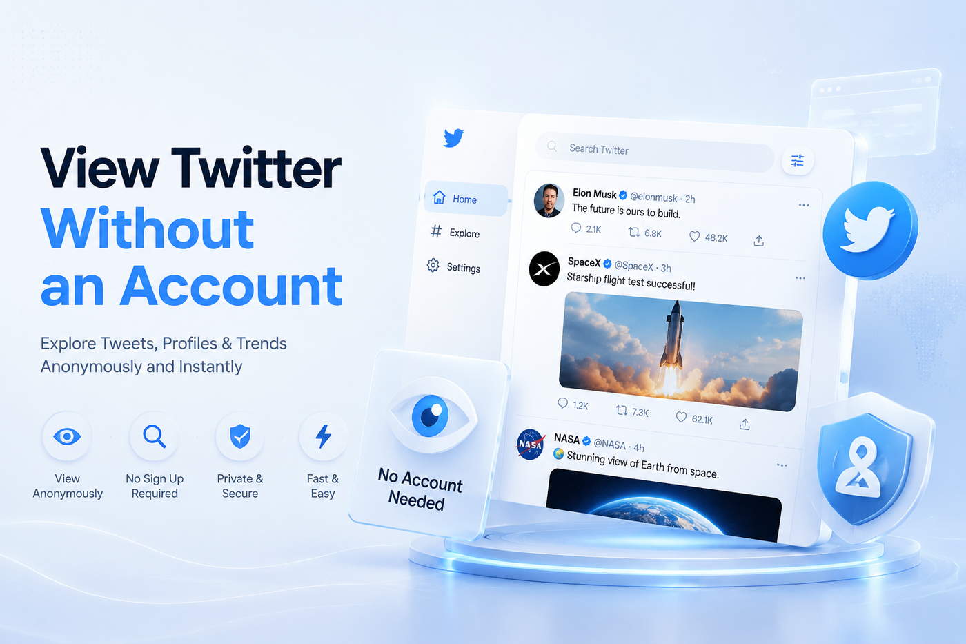 TwitterView interface showing a public Twitter profile and tweet content being viewed without an account login