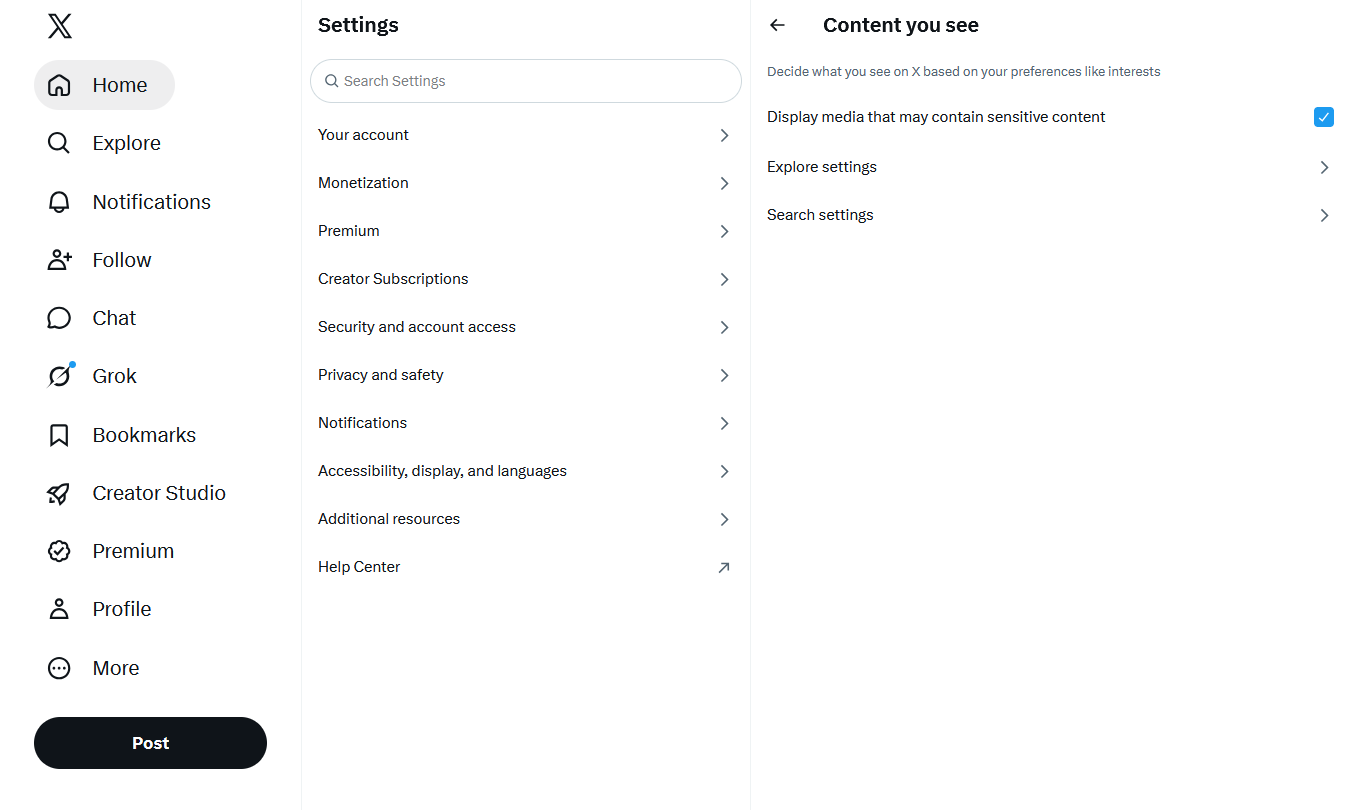 Twitter privacy settings showing the option to display sensitive media on desktop