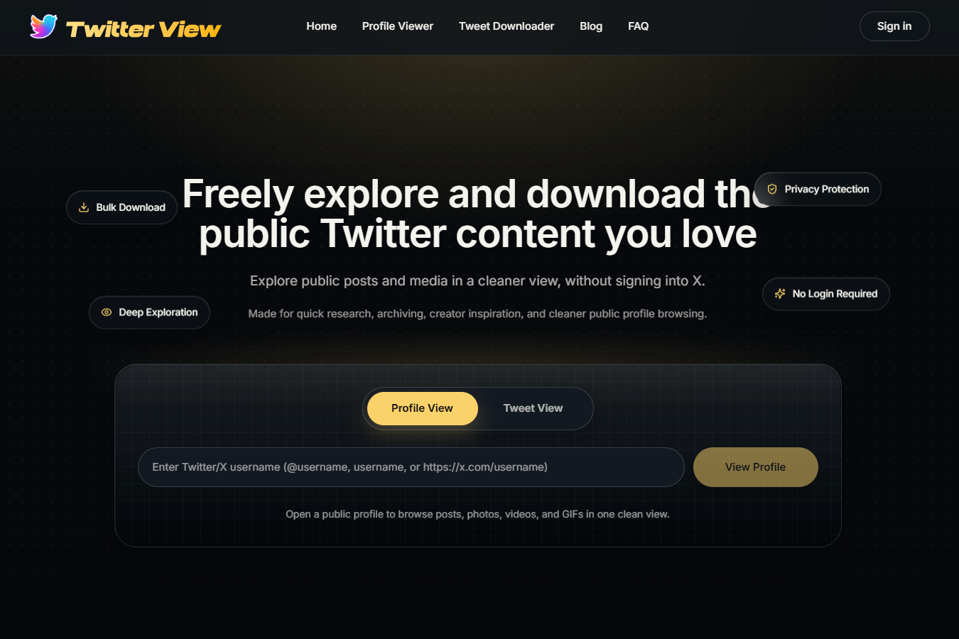 TwitterView interface showing a public Twitter profile and tweet content opened without account login