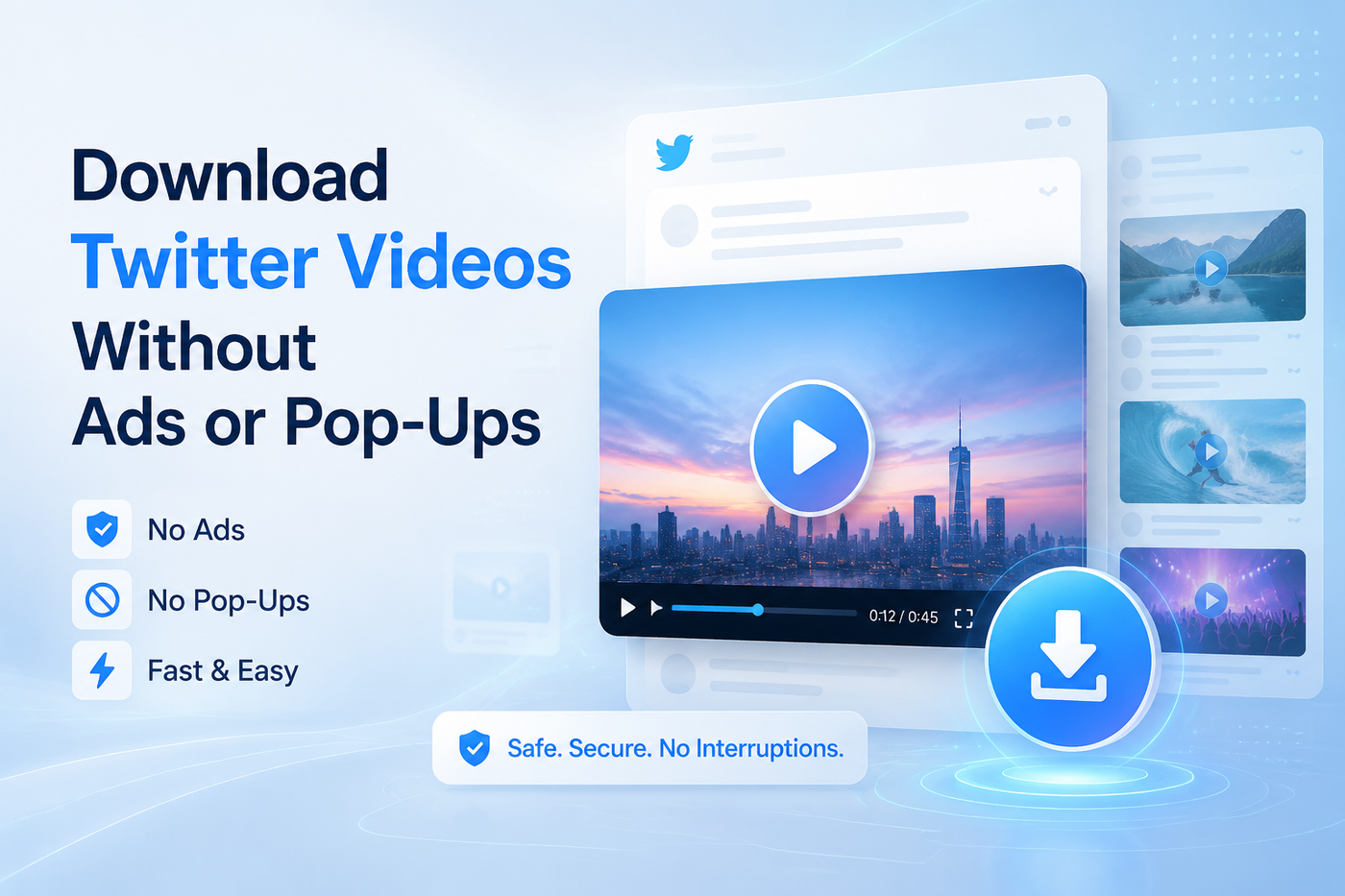 Clean Twitter video download workflow showing a public tweet video being opened and saved without ads or pop-ups