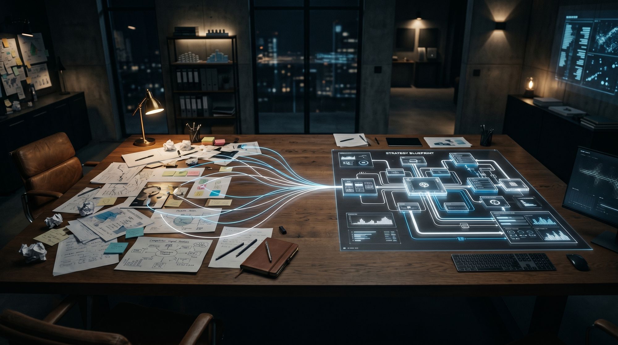 Strategy studio table where research inputs connect into a blueprint
