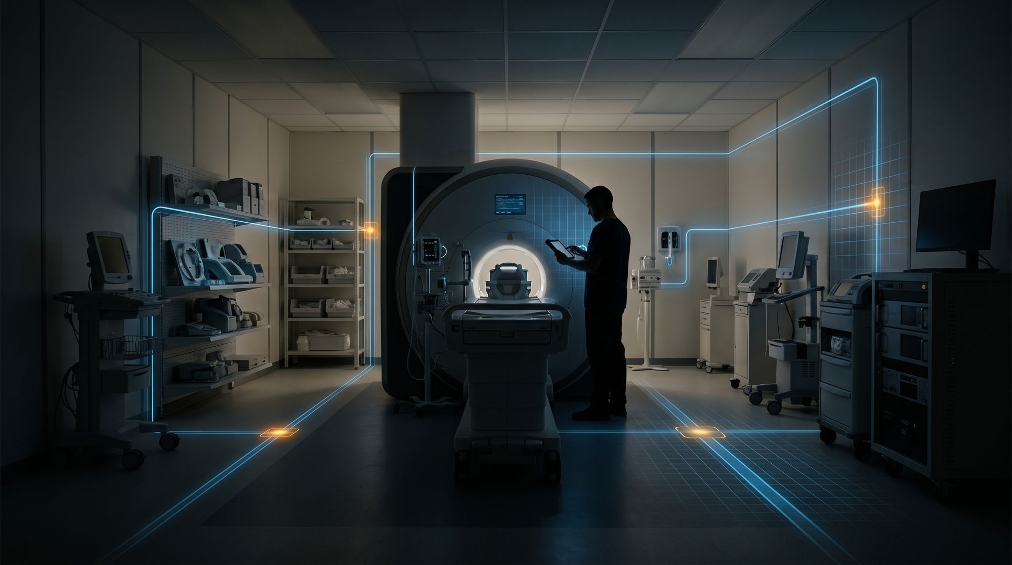 MRI equipment room with connected device intelligence lines