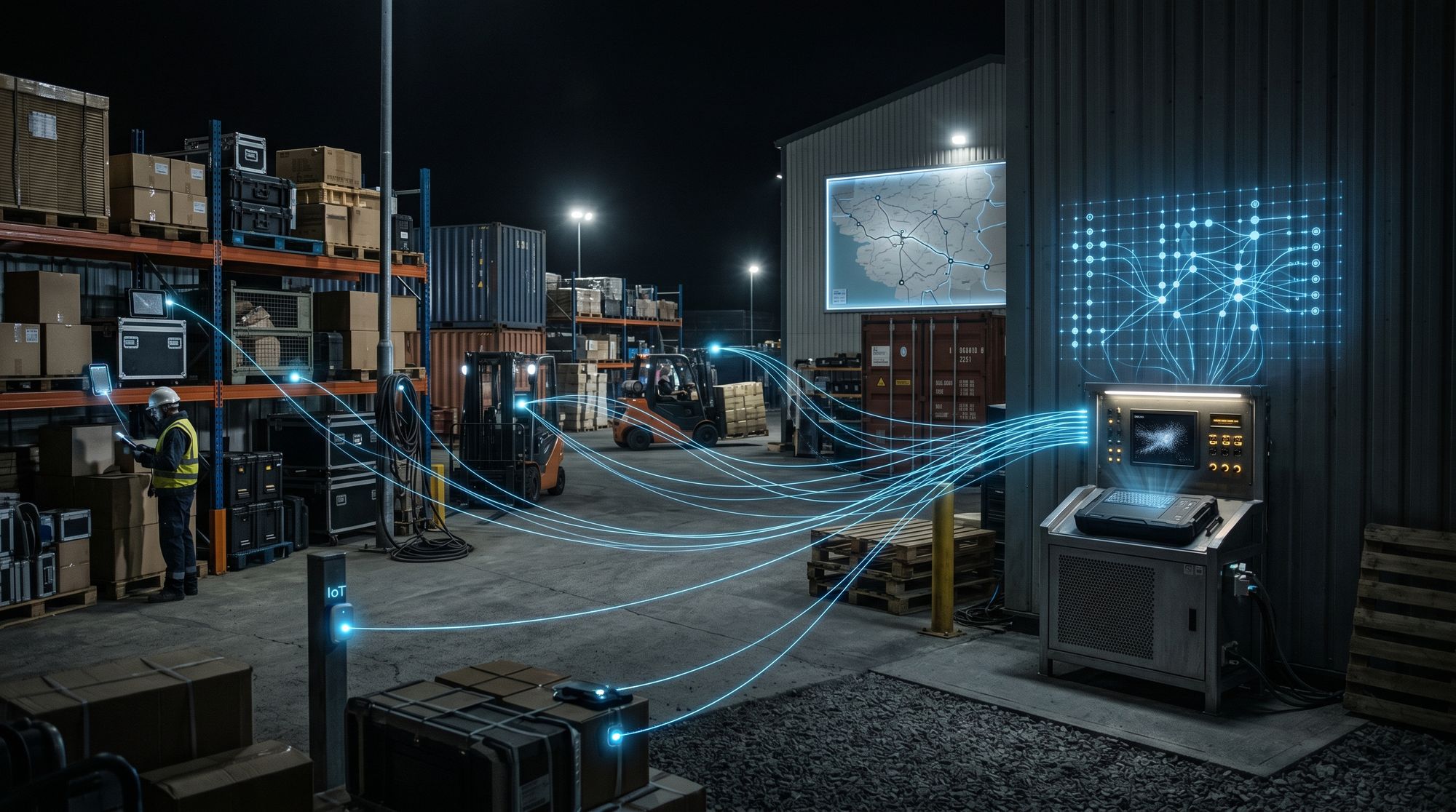 Night logistics yard with connected reporting signal lines