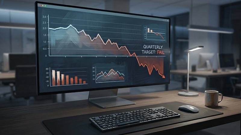 POV of a professional workstation with a large monitor displaying a downward-trending business graph, representing poor B2B lead data and failed outbound metrics.