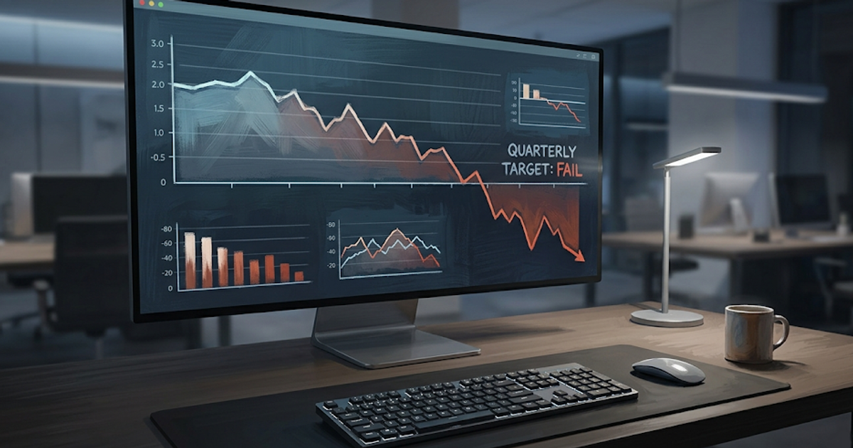 POV of a professional workstation with a large monitor displaying a downward-trending business graph, representing poor B2B lead data and failed outbound metrics.