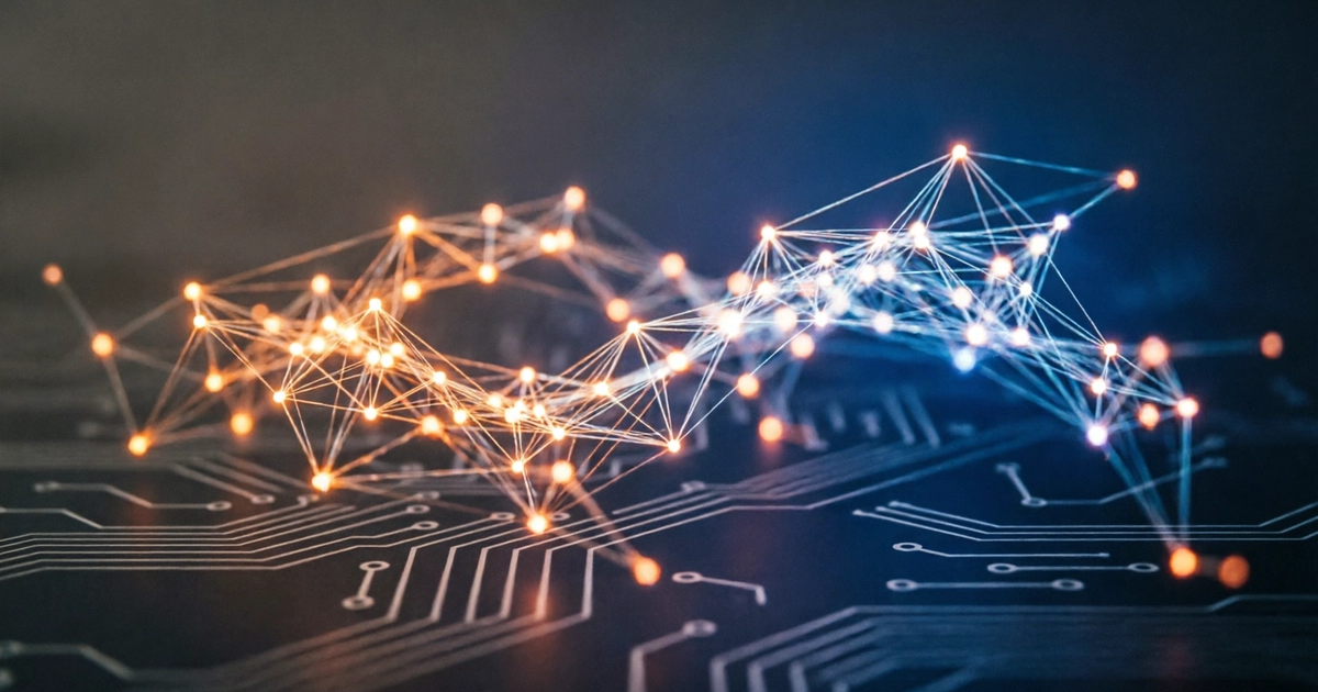 AI-powered context-aware ICP visualization showing connected data points. Orange nodes indicate high-intent buyers, blue nodes show cold prospects, overlaid on digital circuit board.