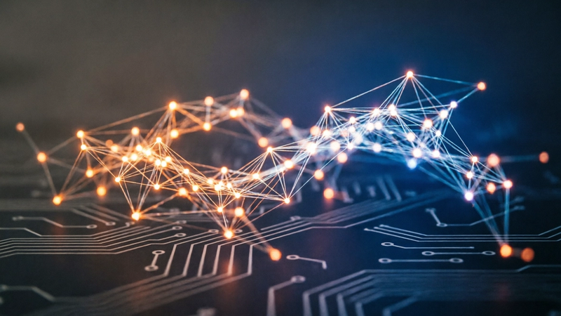 AI-powered context-aware ICP visualization showing connected data points. Orange nodes indicate high-intent buyers, blue nodes show cold prospects, overlaid on digital circuit board.