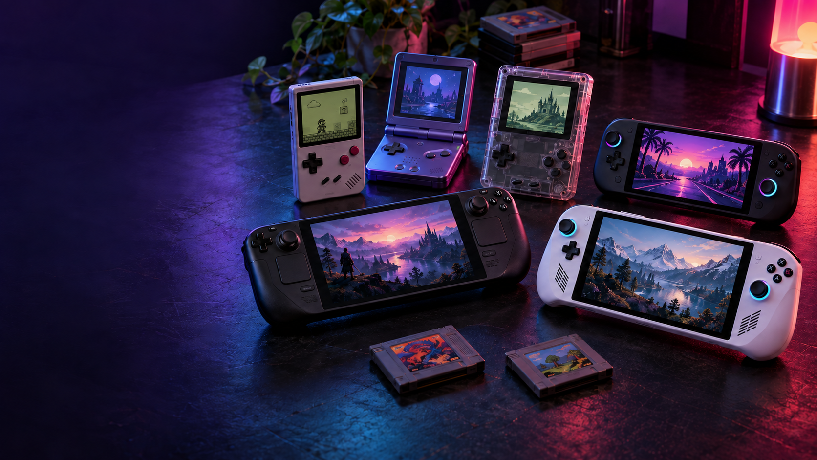Editorial lineup of modern retro gaming handhelds, including a classic monochrome Game Boy-style screen, under purple, cyan and pink neon lighting.