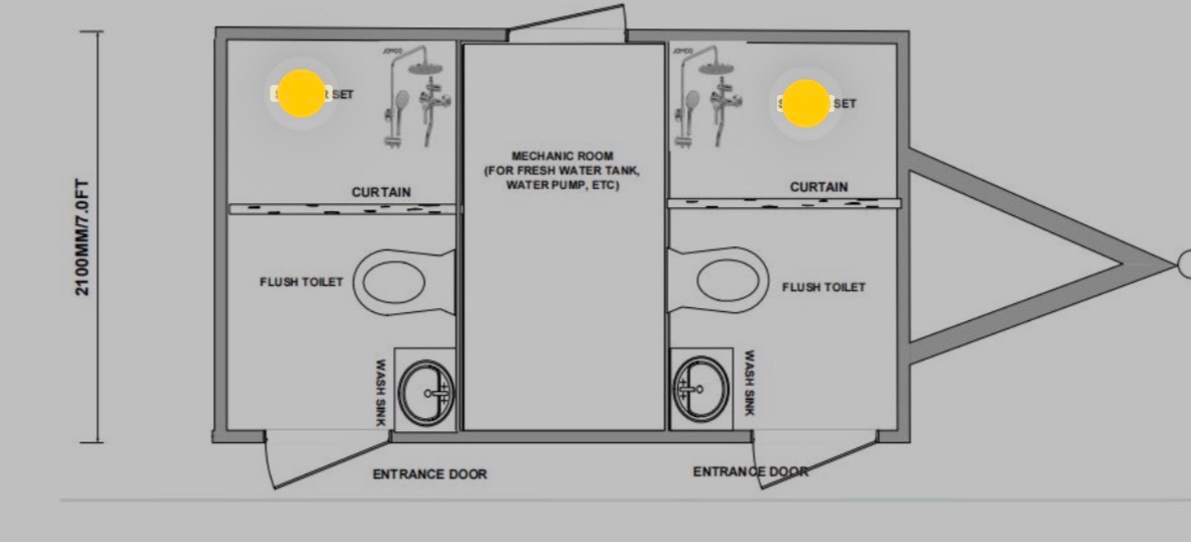 2-Stall + Shower floor plan: each stall has a shower with curtain, flush toilet and sink; center mechanic room holds the fresh water tank and pump
