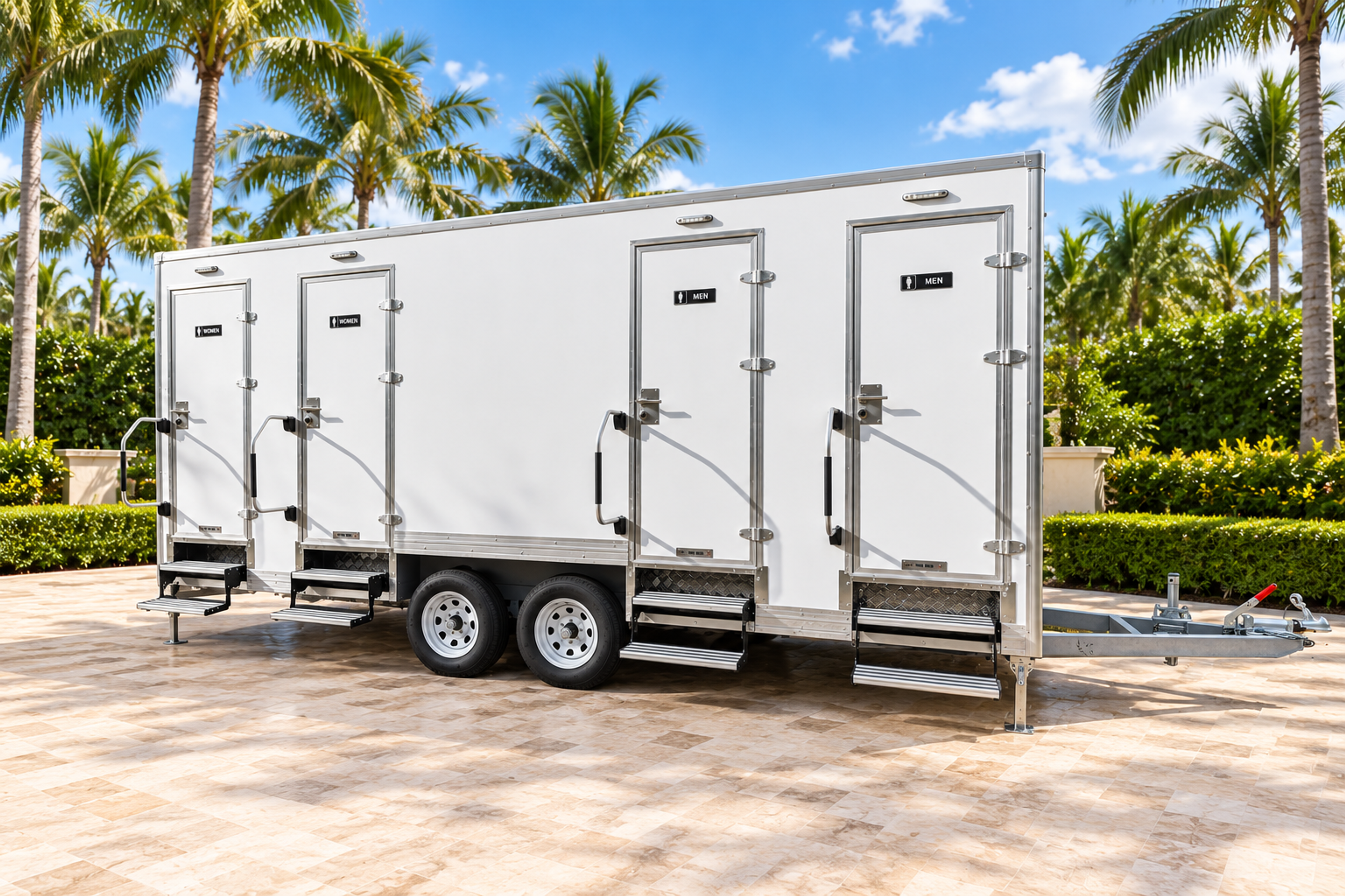 4-stall restroom trailer with two women's and two men's entry doors, exterior three-quarter view