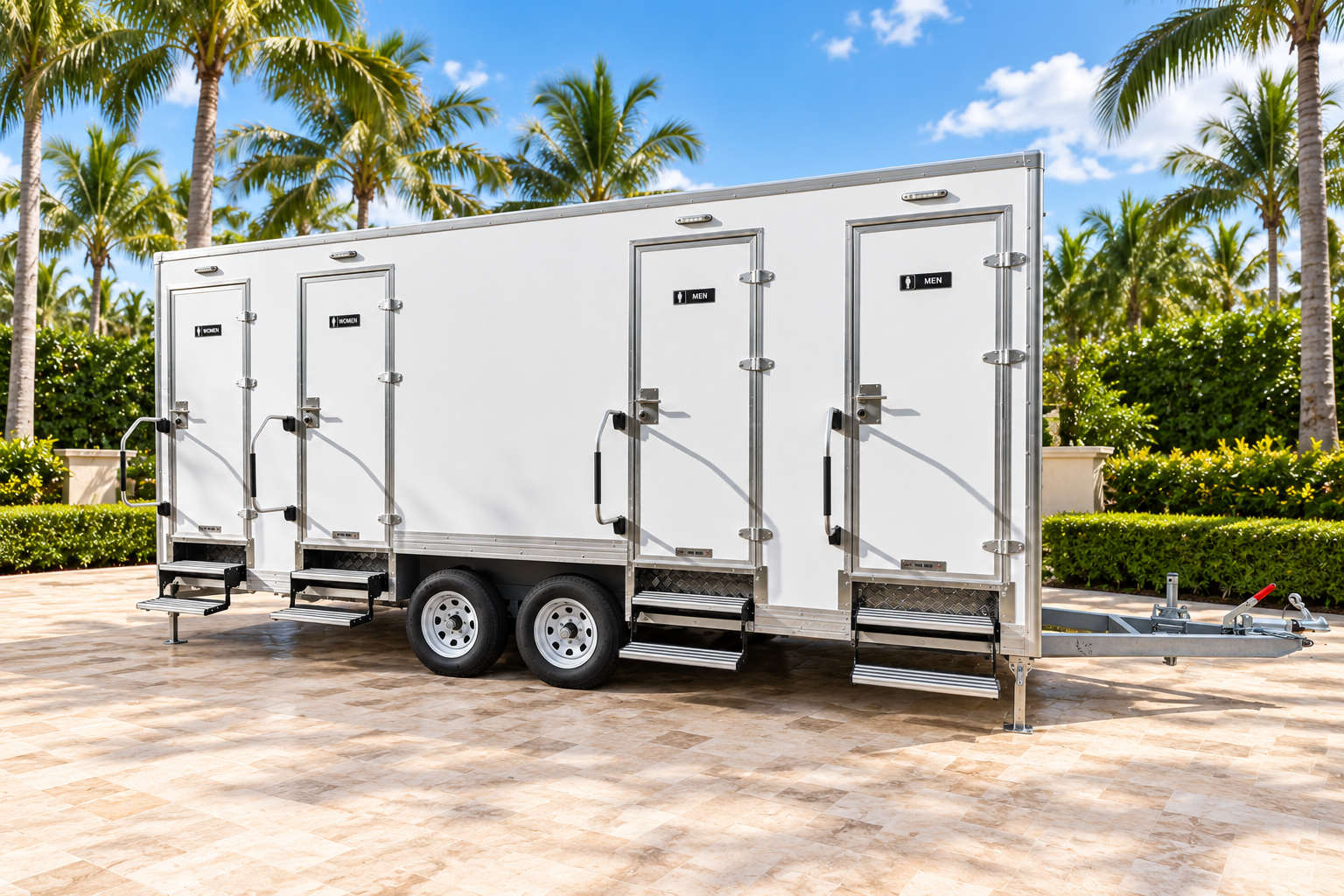 4-stall restroom trailer with two women's and two men's entry doors, exterior three-quarter view