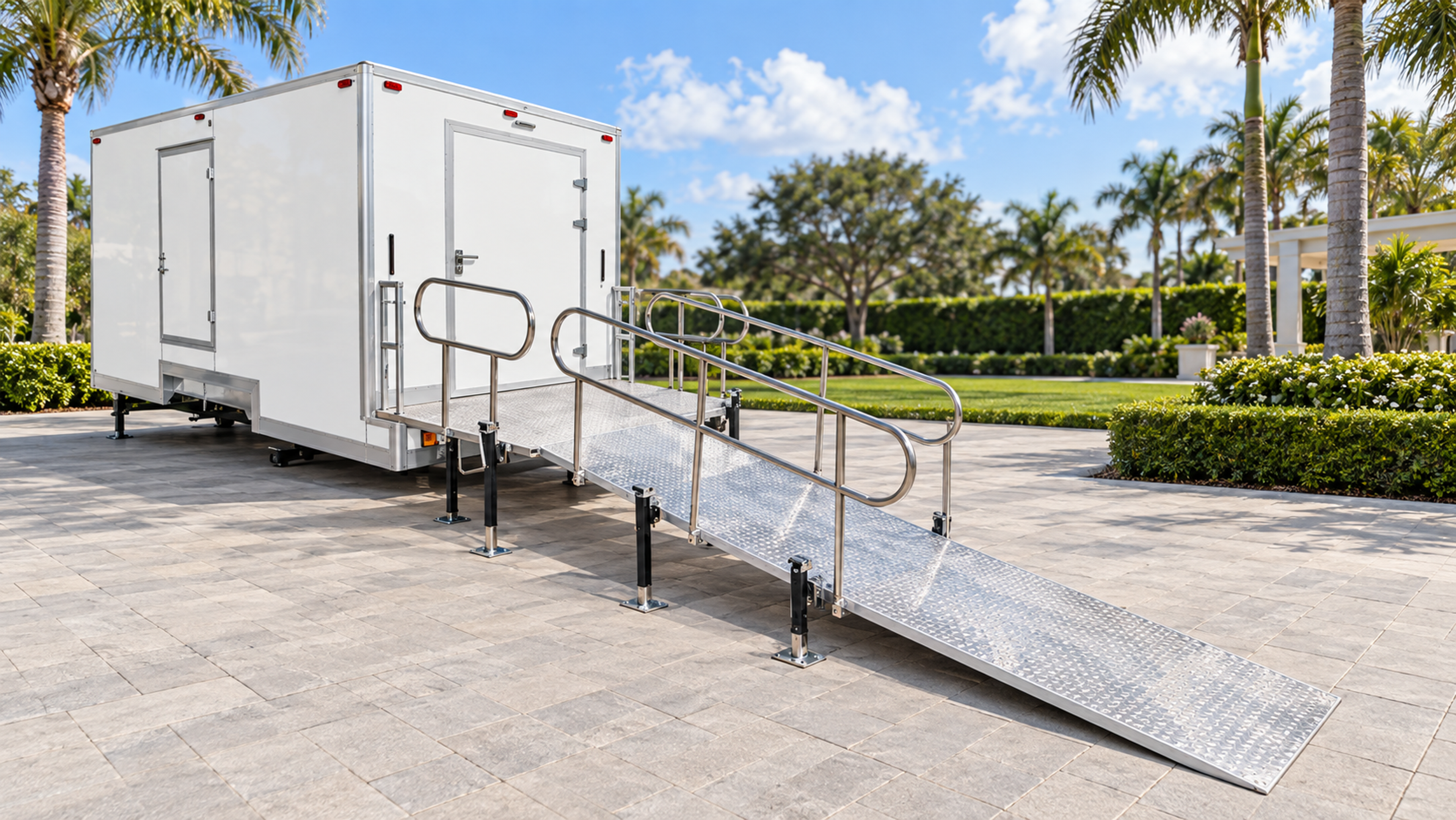 Wheelchair accessible + 2-stall restroom trailer with ramp, exterior three-quarter view