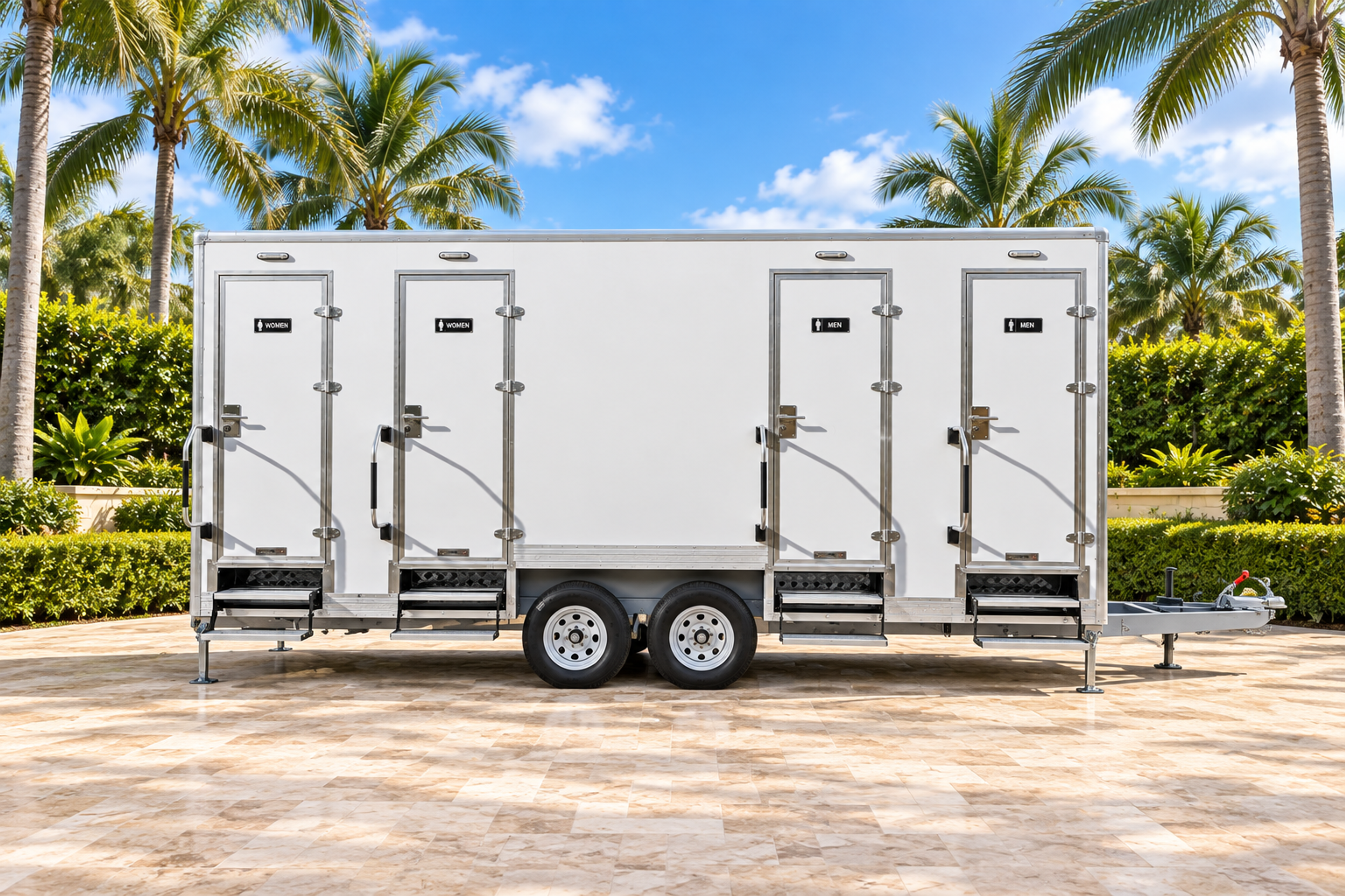 4-stall restroom trailer, side view showing four entry doors with fold-down steps