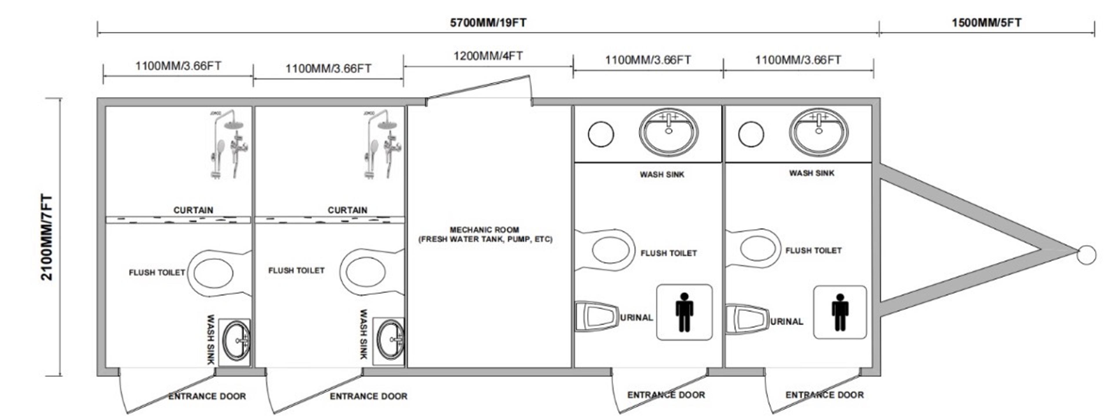Floor plan: two shower suites, mechanical room, and two restroom stalls — 19 ft body, 7 ft wide