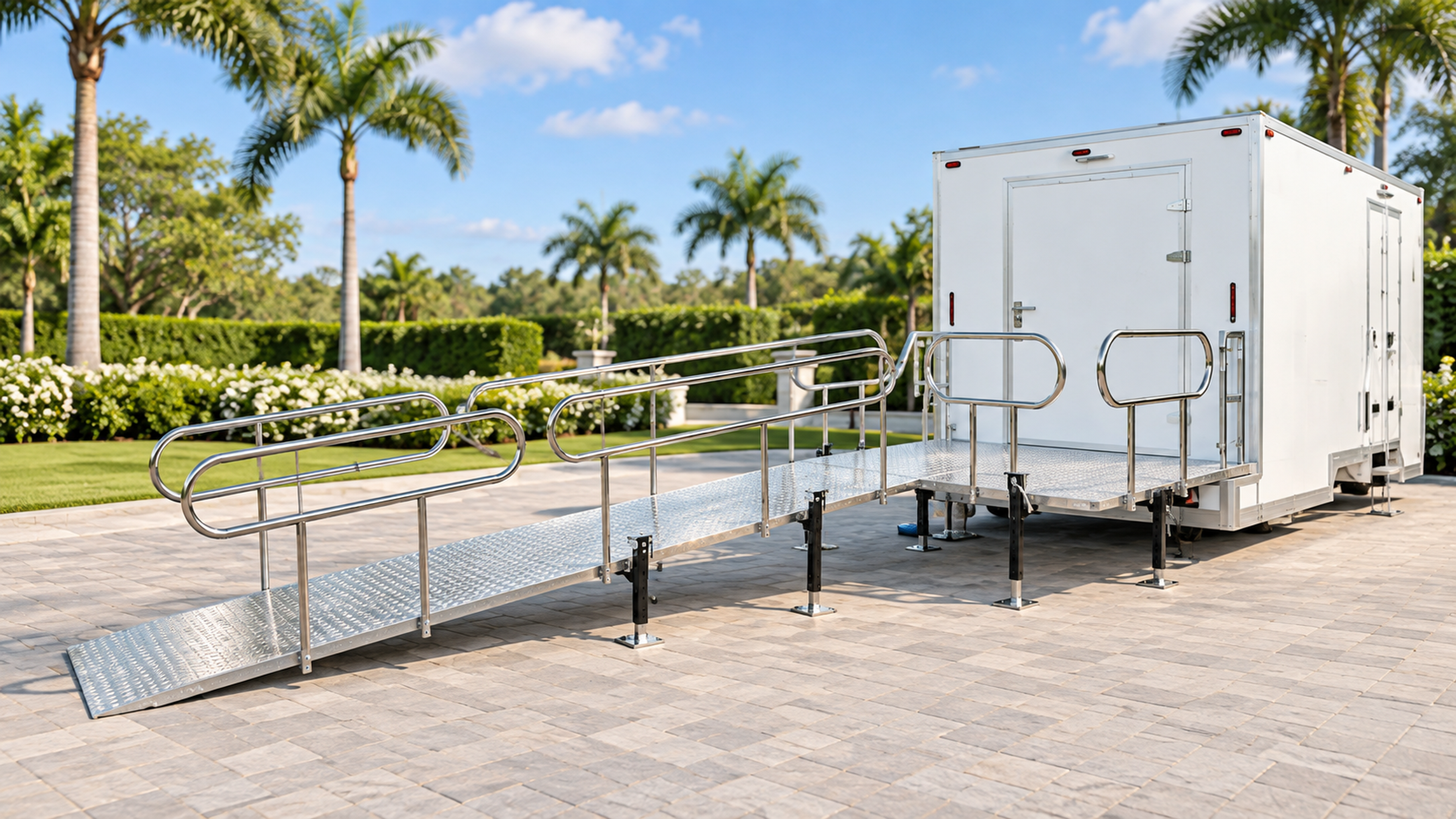Full-length accessible ramp with handrails leading to the wheelchair accessible stall entry