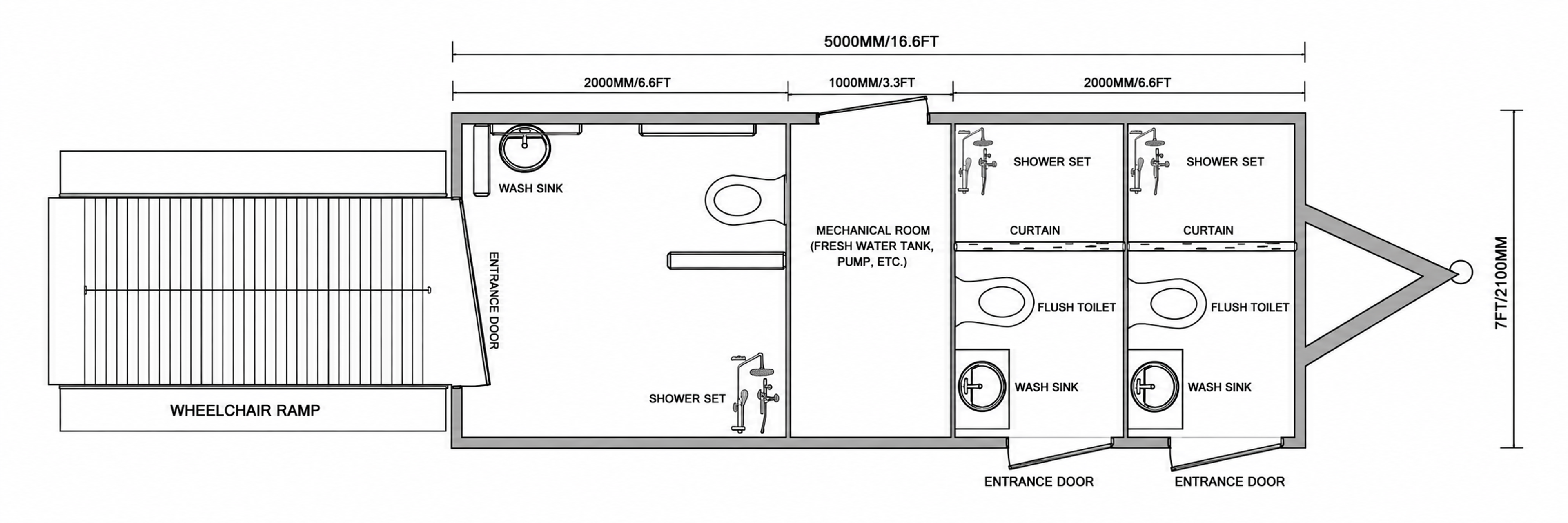 Floor plan: wheelchair accessible suite with ramp, mechanical room, and two standard stalls with in-stall showers