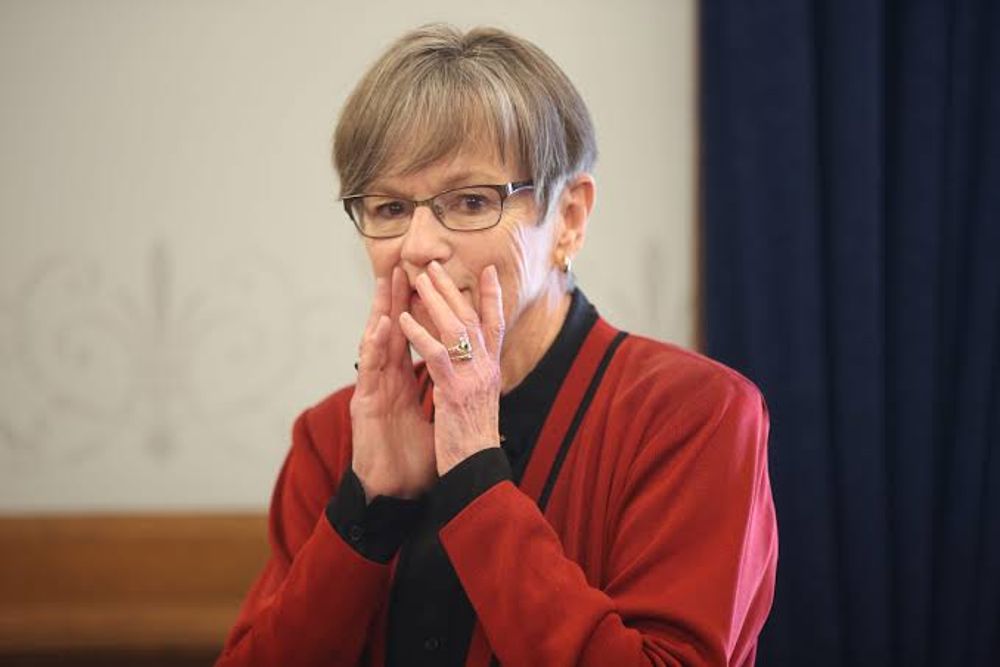 Kansas Governor Laura Kelly reacting during a public appearance