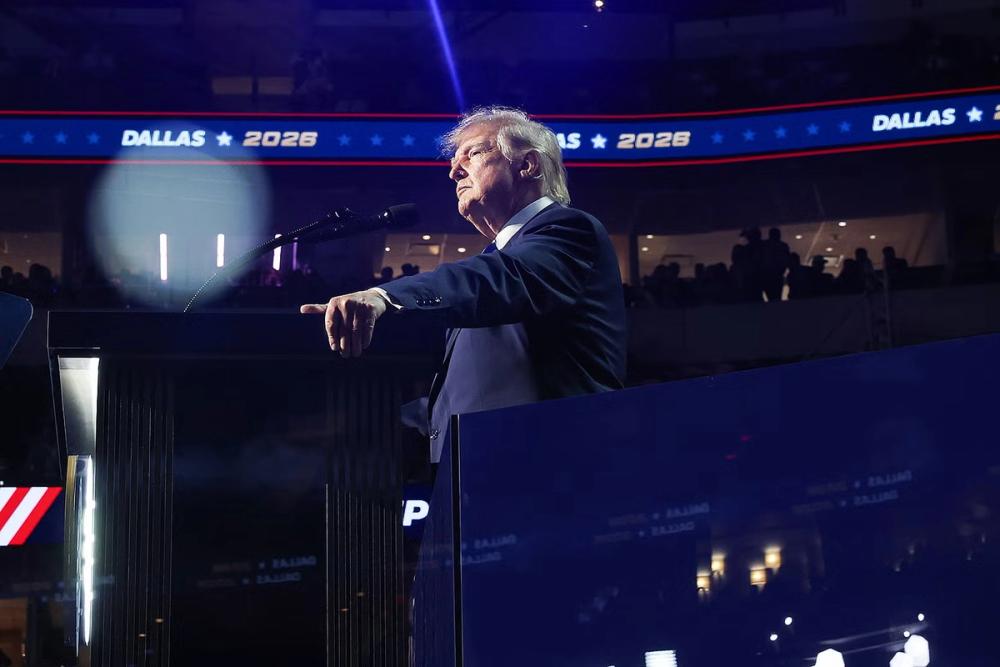 President Donald Trump speaking at a large public event