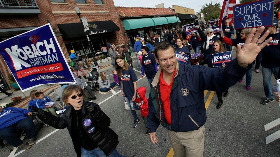 Kansas Attorney General Kris Kobach greeting supporters