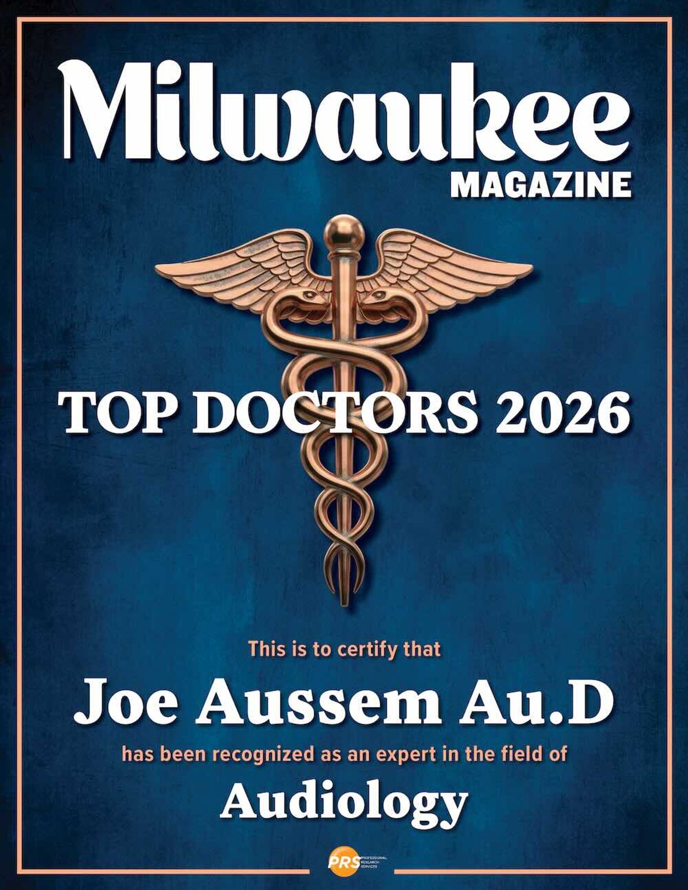 Milwaukee Magazine Top Doctors 2026 certificate recognizing Joe Aussem, Au.D. in audiology