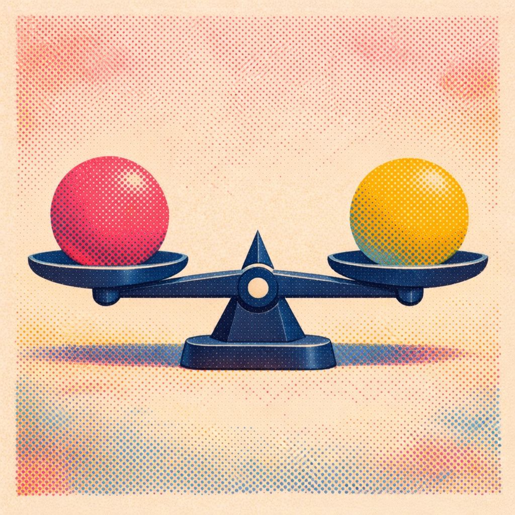 Two balls on a scale conveying the idea of "trade-offs"