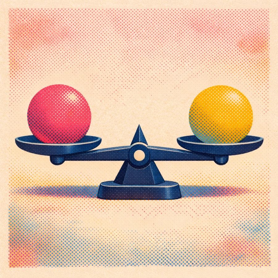 Two balls on a scale conveying the idea of "trade-offs"
